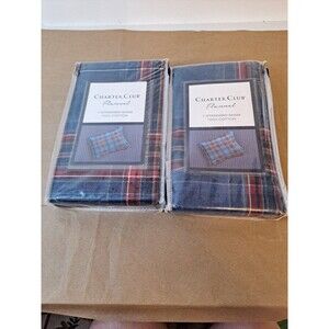 Charter Club Navy Plaid Flannel 100% Cotton Shams Pillow Sz 20"x26"/Sham 23"x29"